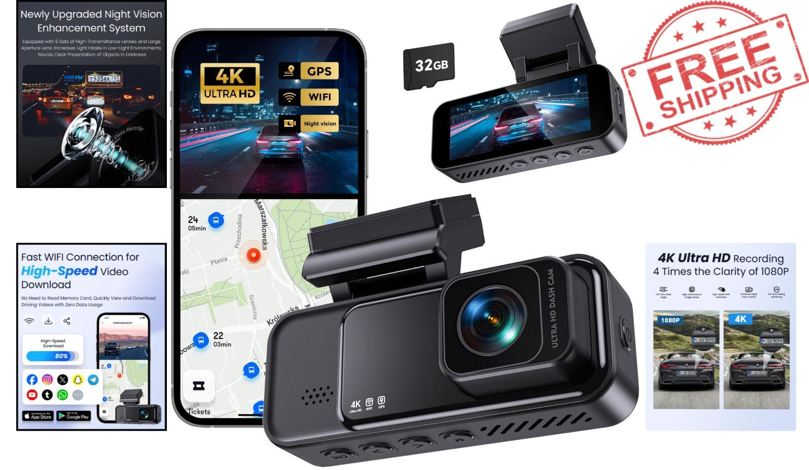 N7 4K Dash Cam with GPS & WiFi – Capture Every Journey Safely, Includes 32G