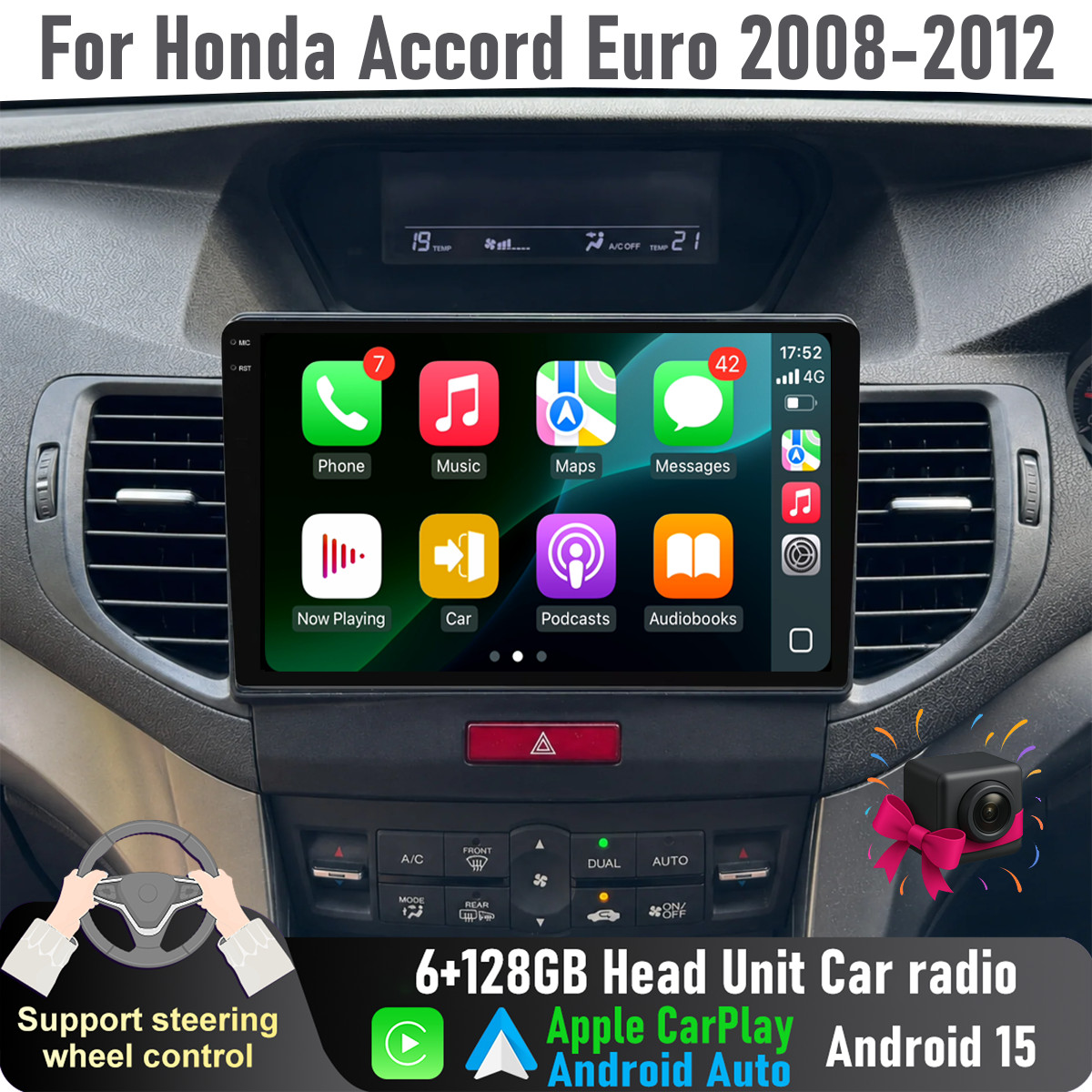 9” Wireless CarPlay Auto Head Unit Car radio For Honda Accord Euro 2008-2012