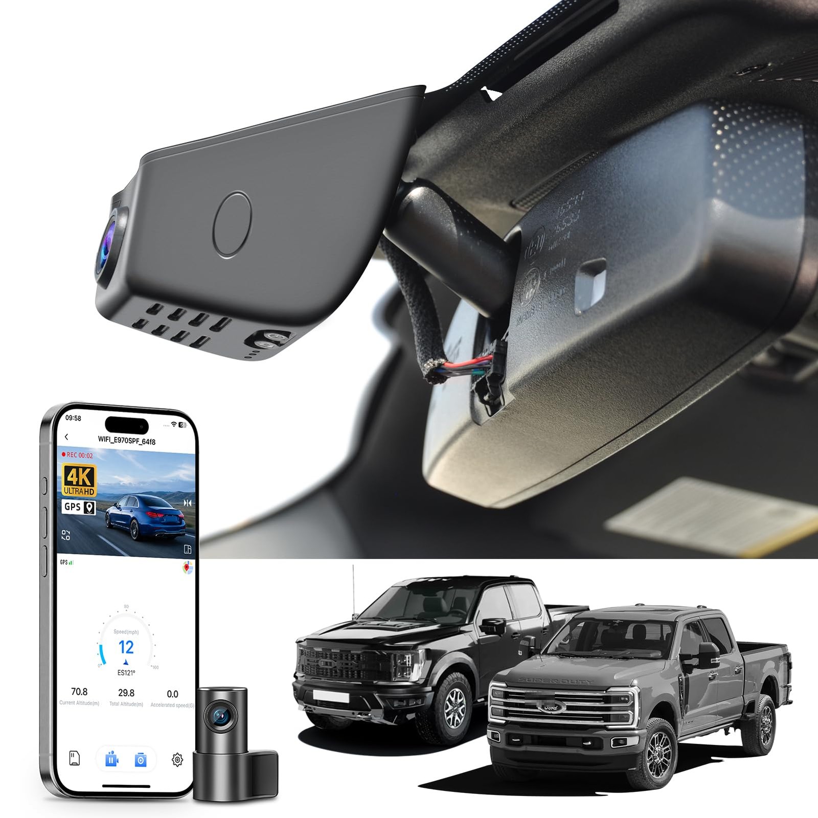 Mangoal Front 4K & Rear 1080P Dash Cam fit for Ford F150 2018-2026 F250/F350/…