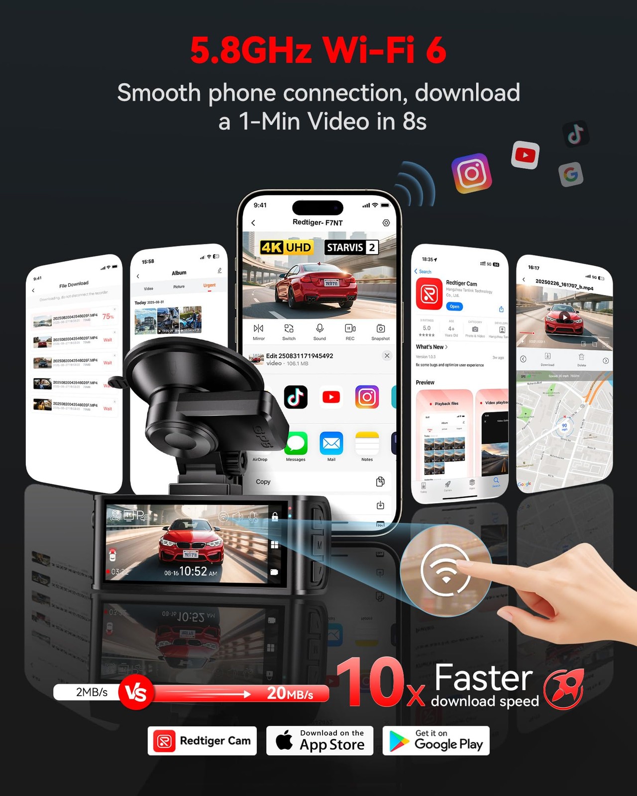 REDTIGER 4K STARVIS 2 Dash Cam Front and Rear, 5GHz WiFi 20MB/s Download, 128…