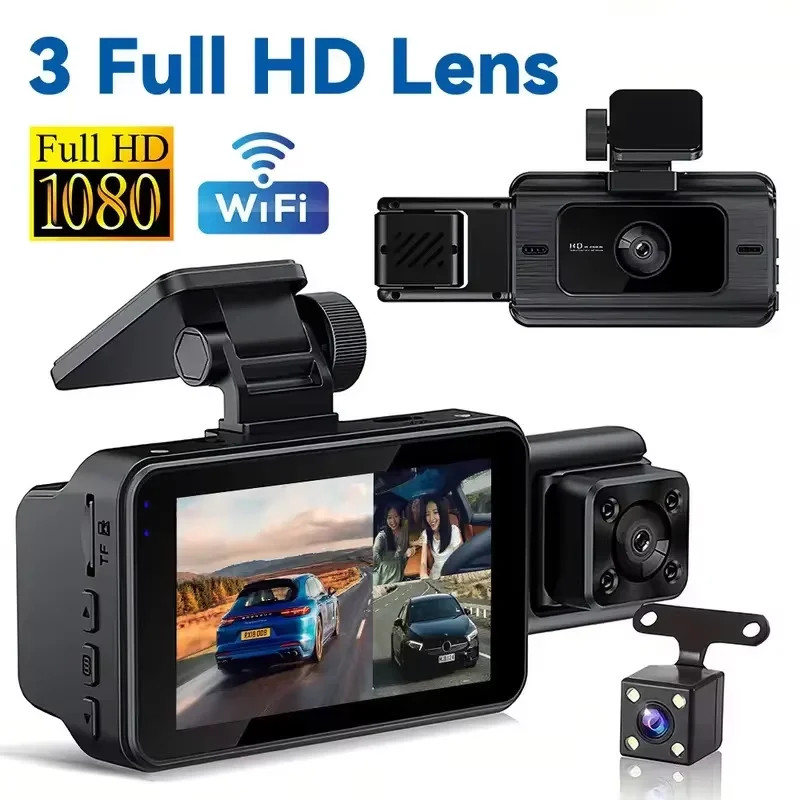 3 Channel WiFi Dash Cam 1080P Front Cabin Rear Camera Parking Monitor G-Sensor