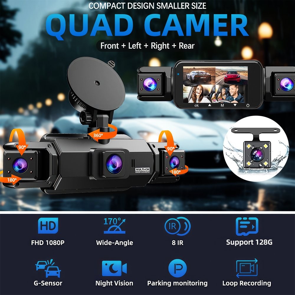 4 Channel Dash Cam 360° Dash Camera FHD 1080P Front Rear Inside Driving Recorder