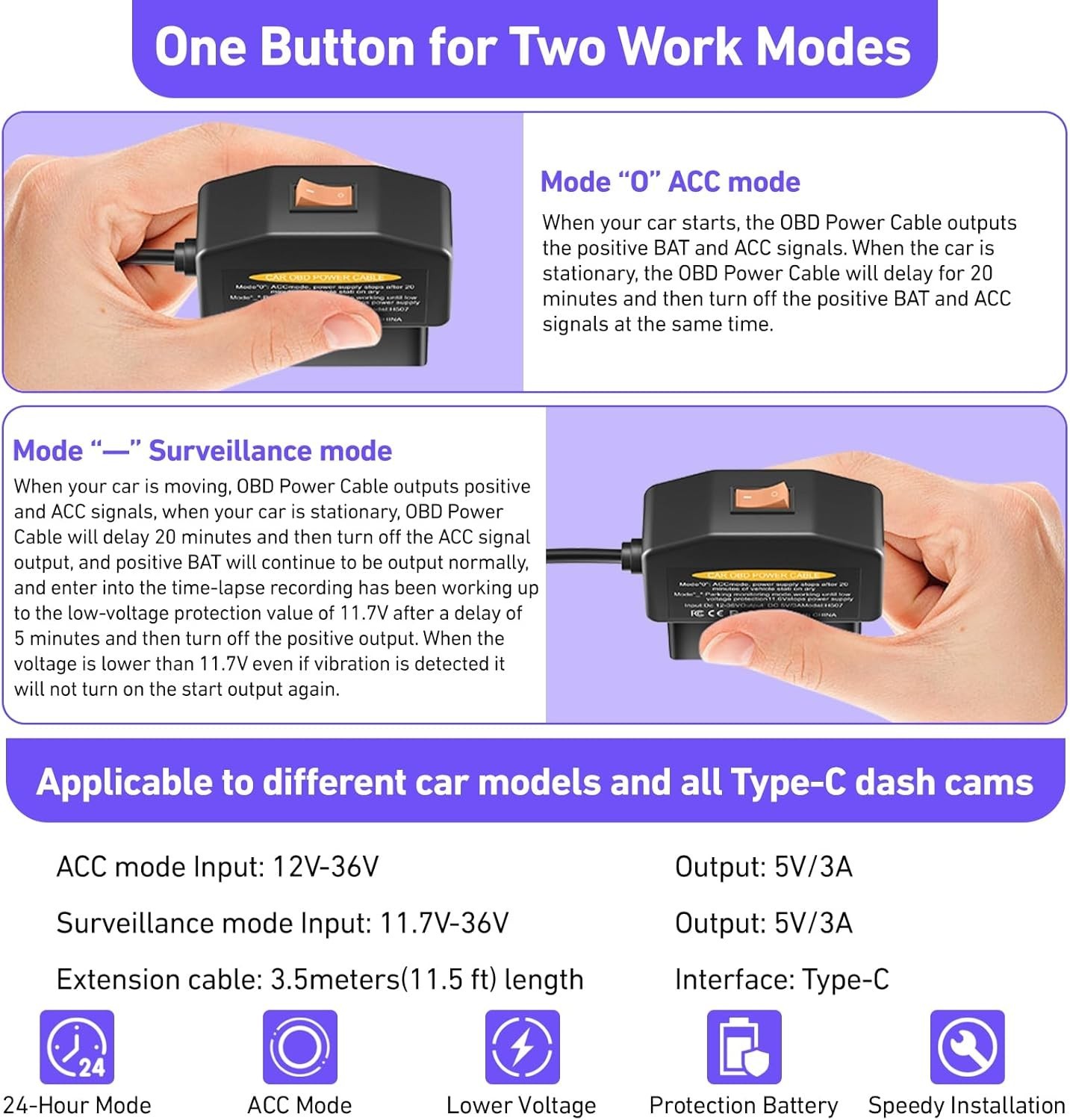 Dash Camera OBD Power Supply Cable with 24-Hour Surveillance and Protection