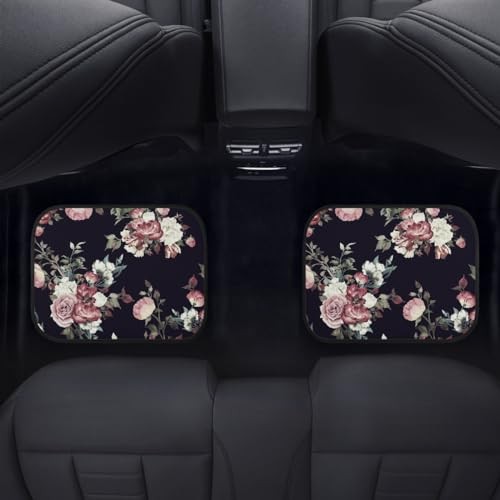 Floral Car Floor Mats Set, Seamless Floral Pattern with Roses Pink Black