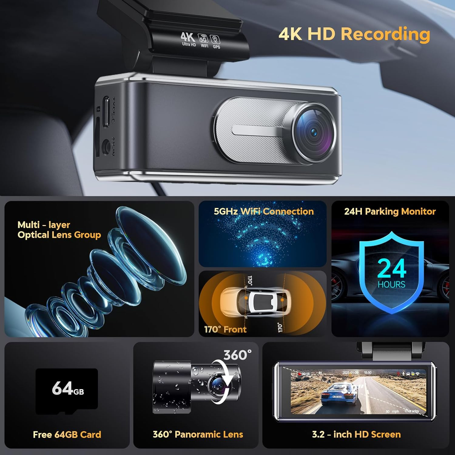 Dash Cam Front and Rear – 4K HD Dual Dash Camera for Cars, Built-In 5G Wifi GPS,