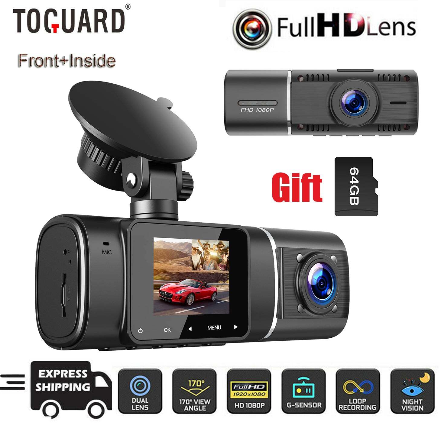 TOGUARD Uber Dual 1080P Dash Came Front and Inside Camera Night Vision 64G Card