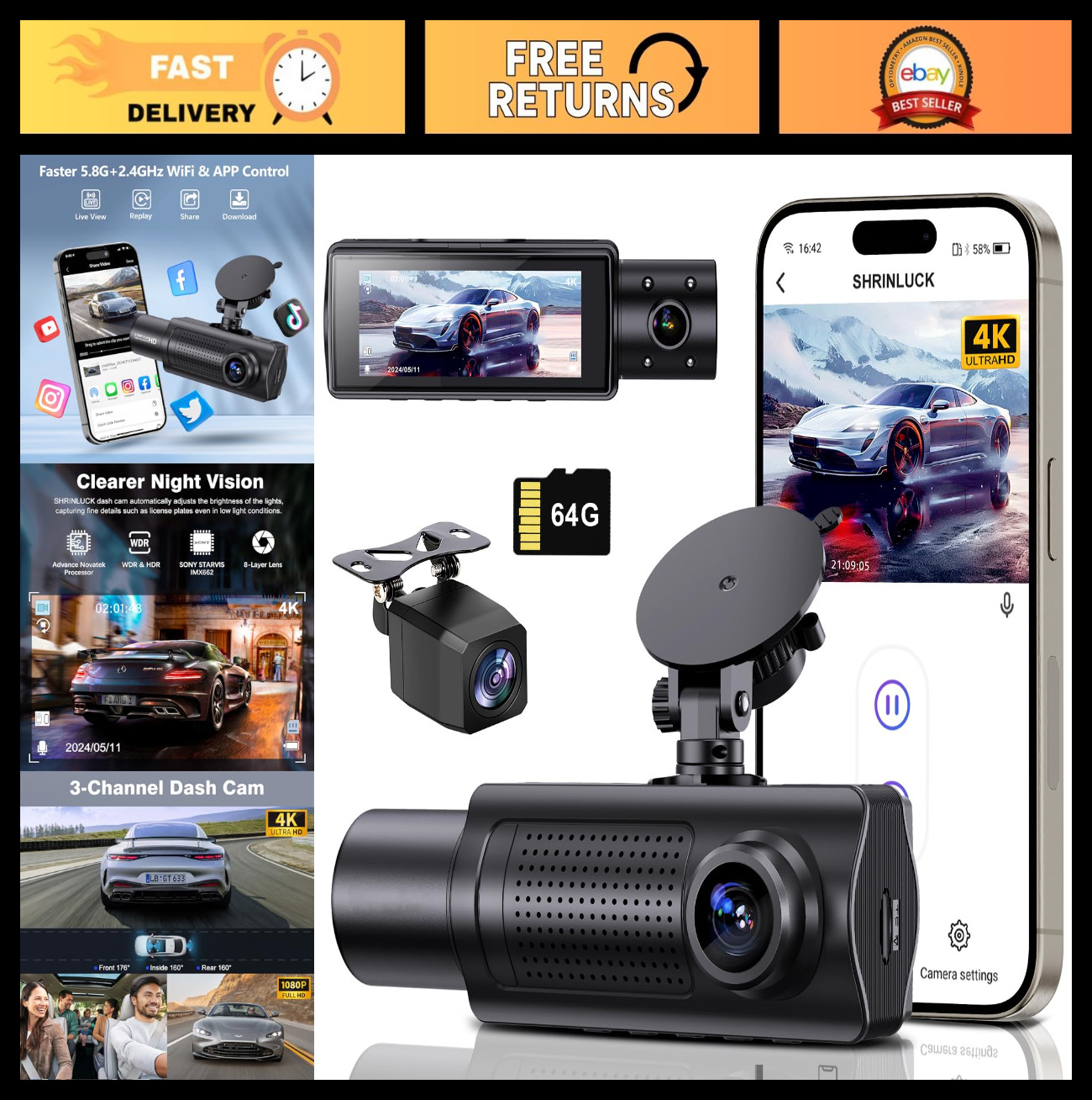 4K UHD 3-Channel Dash Cam with 360° View, Night Vision, G-Sensor, 64GB SD Card