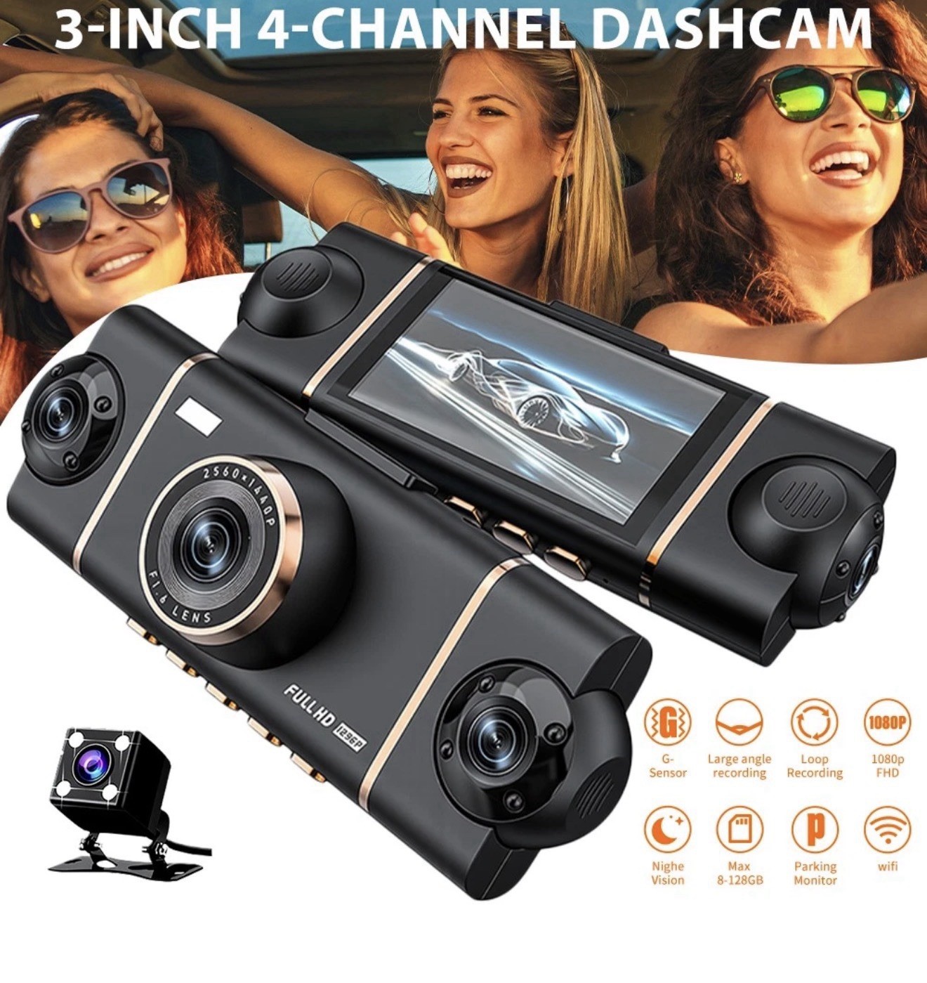 4K 3″IN Dash Cam Car Front Rear Left Right Four Dash Camera Night Vision IPS US