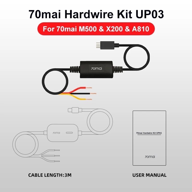 Dash Cam hardwire kit UP03 24H Parking Cable 70mai For X200 A810 M500 USB Type-C