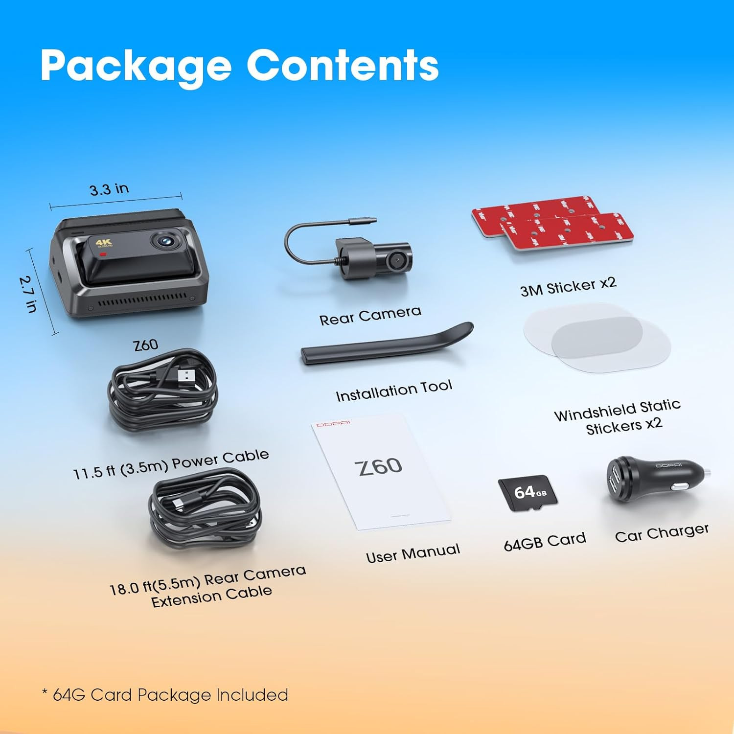 Z60 4K Dash Cam Front and Rear, Built-In 32GB Emmc, Free 64GB Card Included, Dua