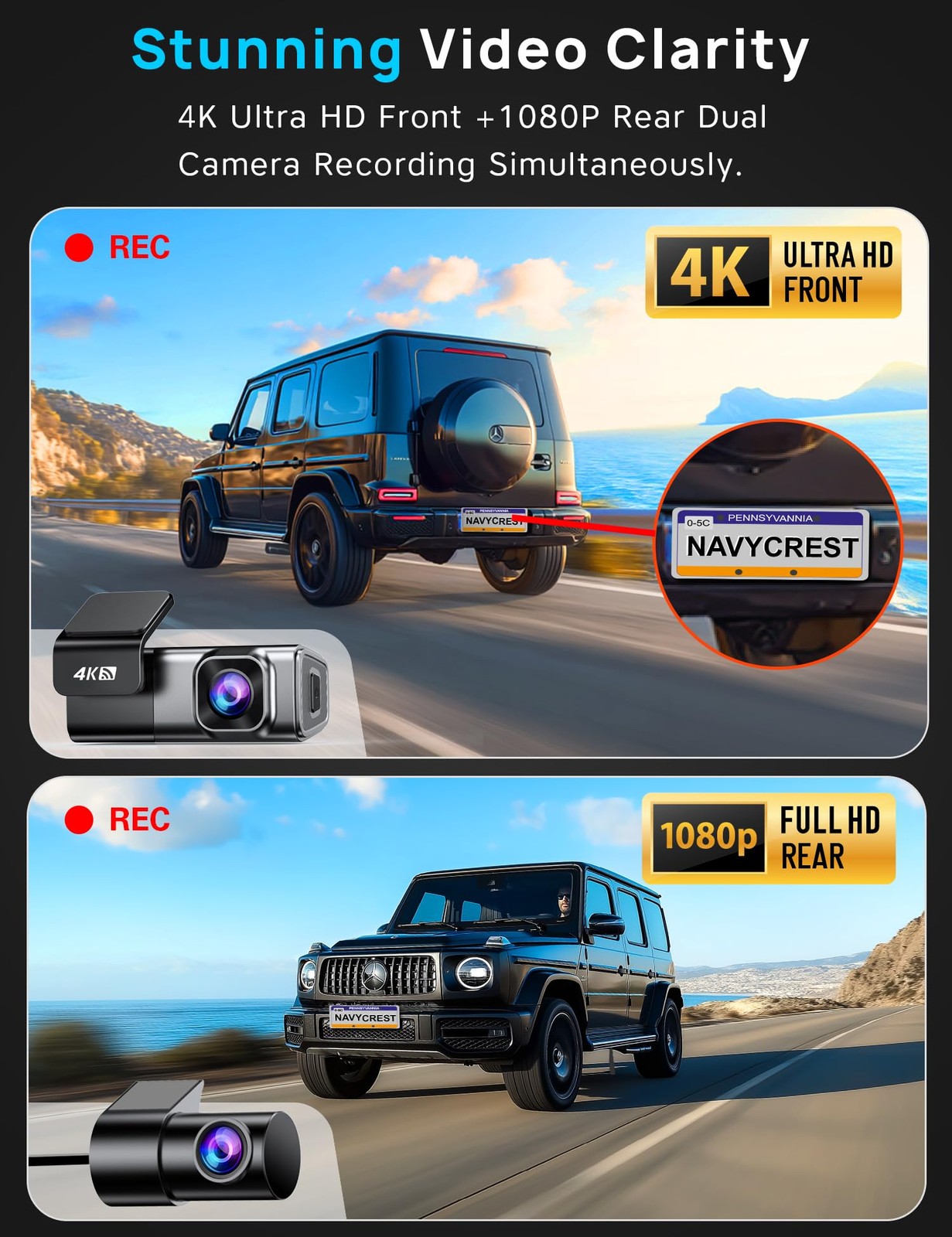 Navycrest 4K Dash Cam Front and Rear, Built-in 5G WiFi, Dash Camera for Cars …