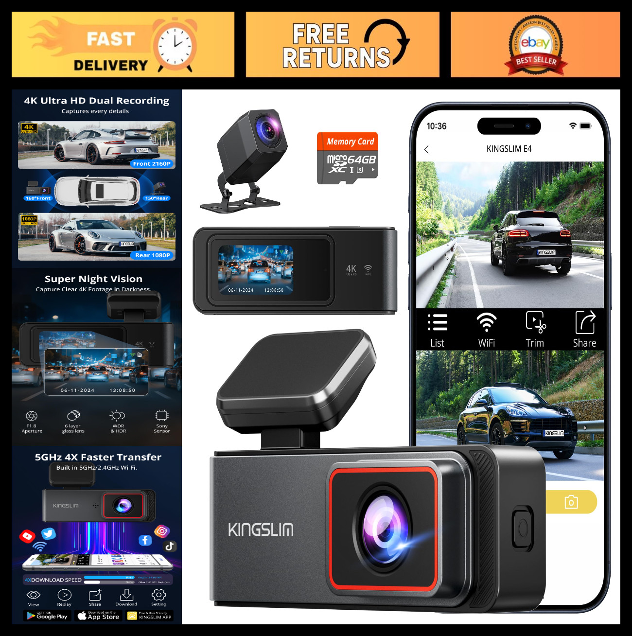 4K Dual Dash Cam Front & Rear, 1080P Mini Camera, Night Vision, G-Sensor, 64GB C