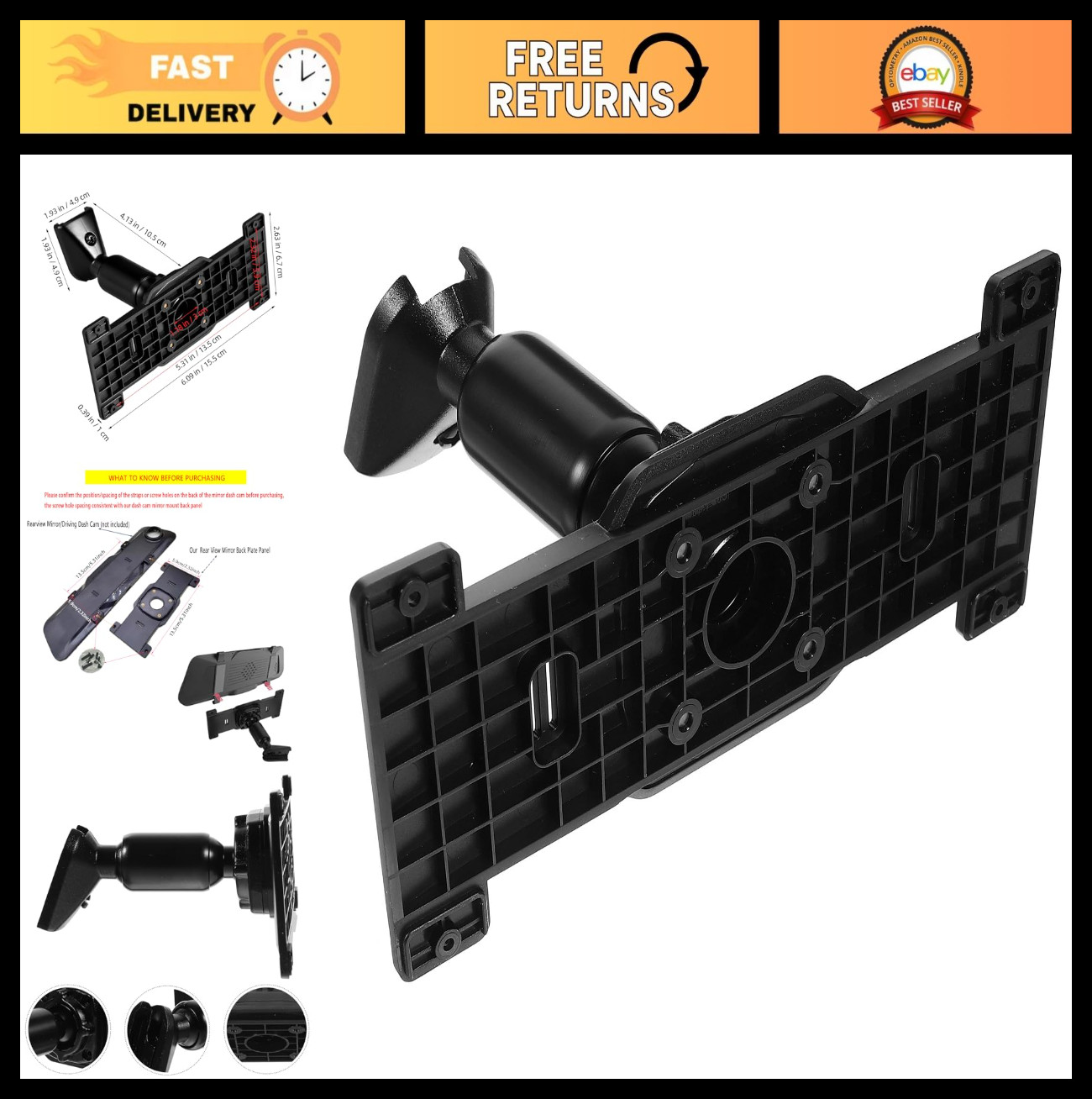 Dash Cam Mirror Mount Kit – Rear View Mirror Back Plate for 5.5″-12″ Cameras