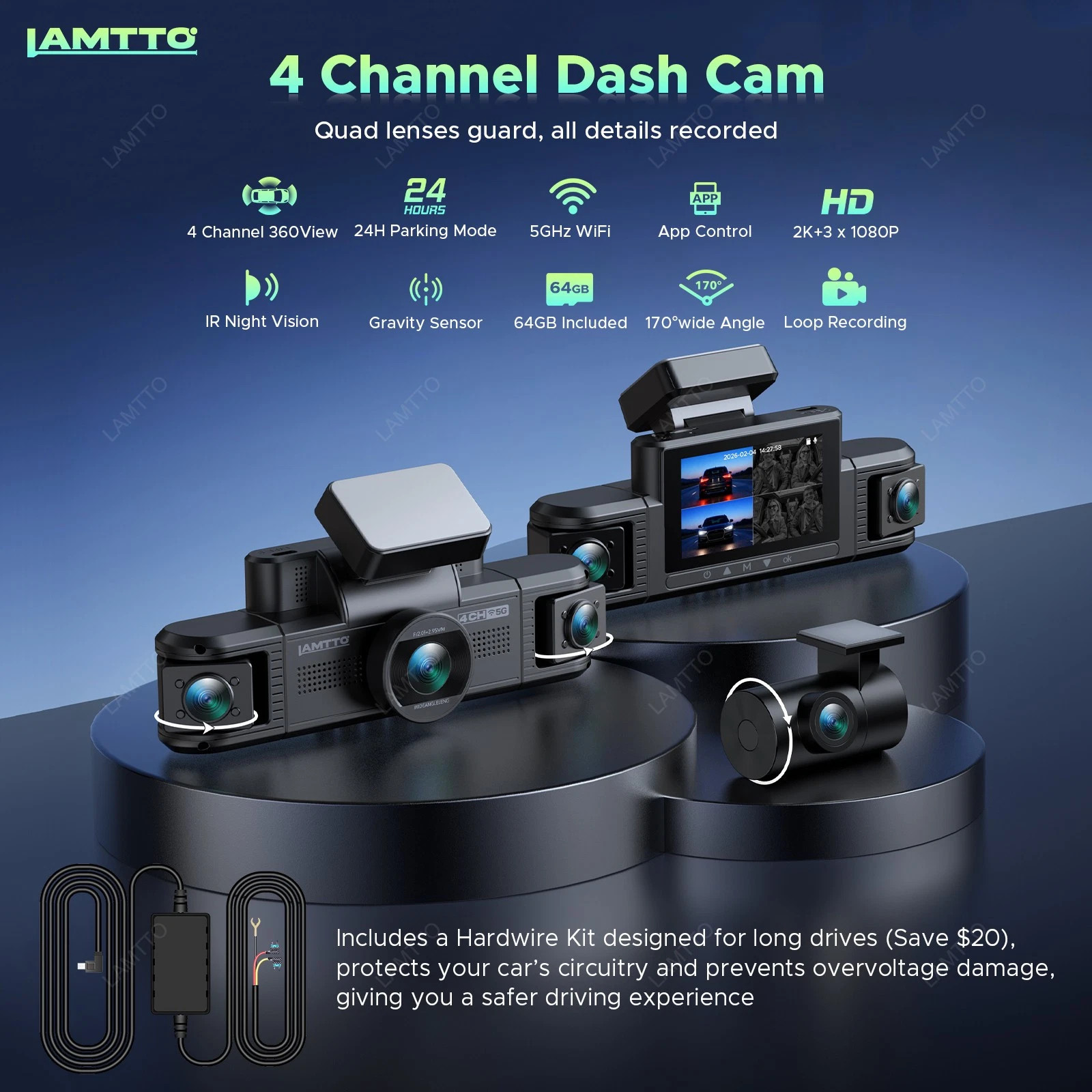 TOGUARD Dual Lens Dash Cam 4K+1080P Front and Inside Camera for Truck Car Taxi