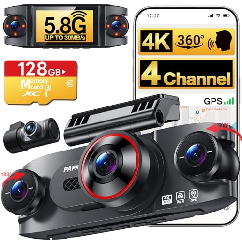 4 Channel 360° Dash Cam Front Rear and Left Right Inside, 4K+1080P*3 Dash Black