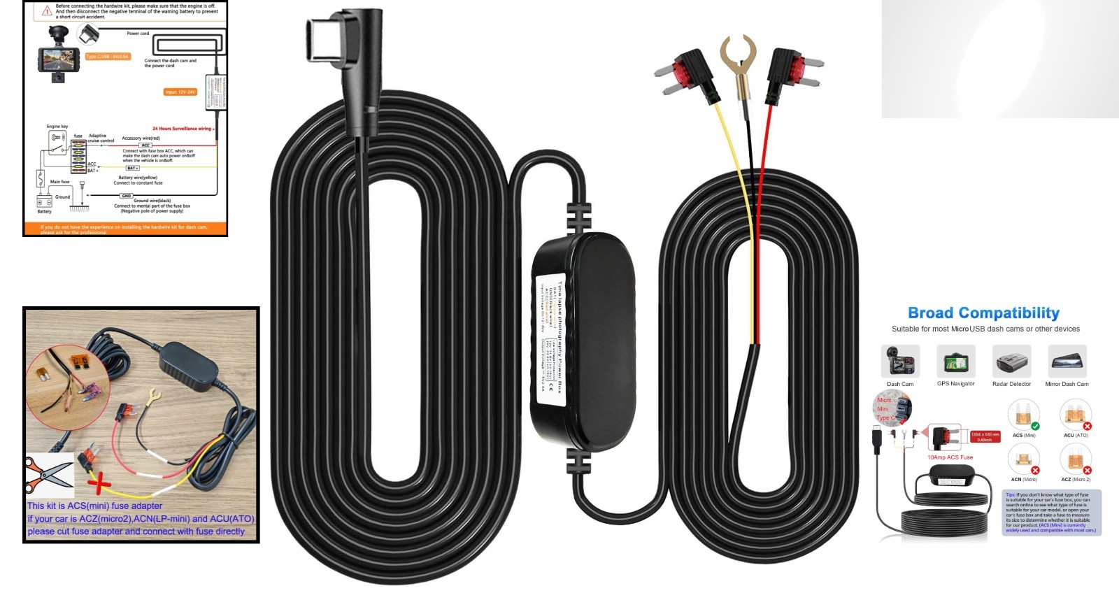 Easy Install Dash Cam Hardwire Kit – 24-Hour Monitoring, Type C USB Compatible