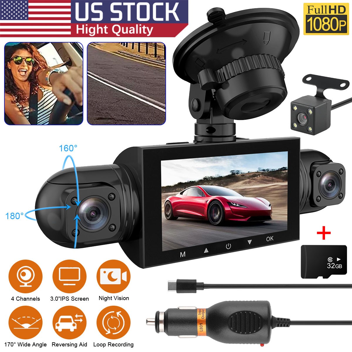 2MP 4 Channel Dash Cam Front Rear Left Right Dash Camera G-sensor 32GB Card