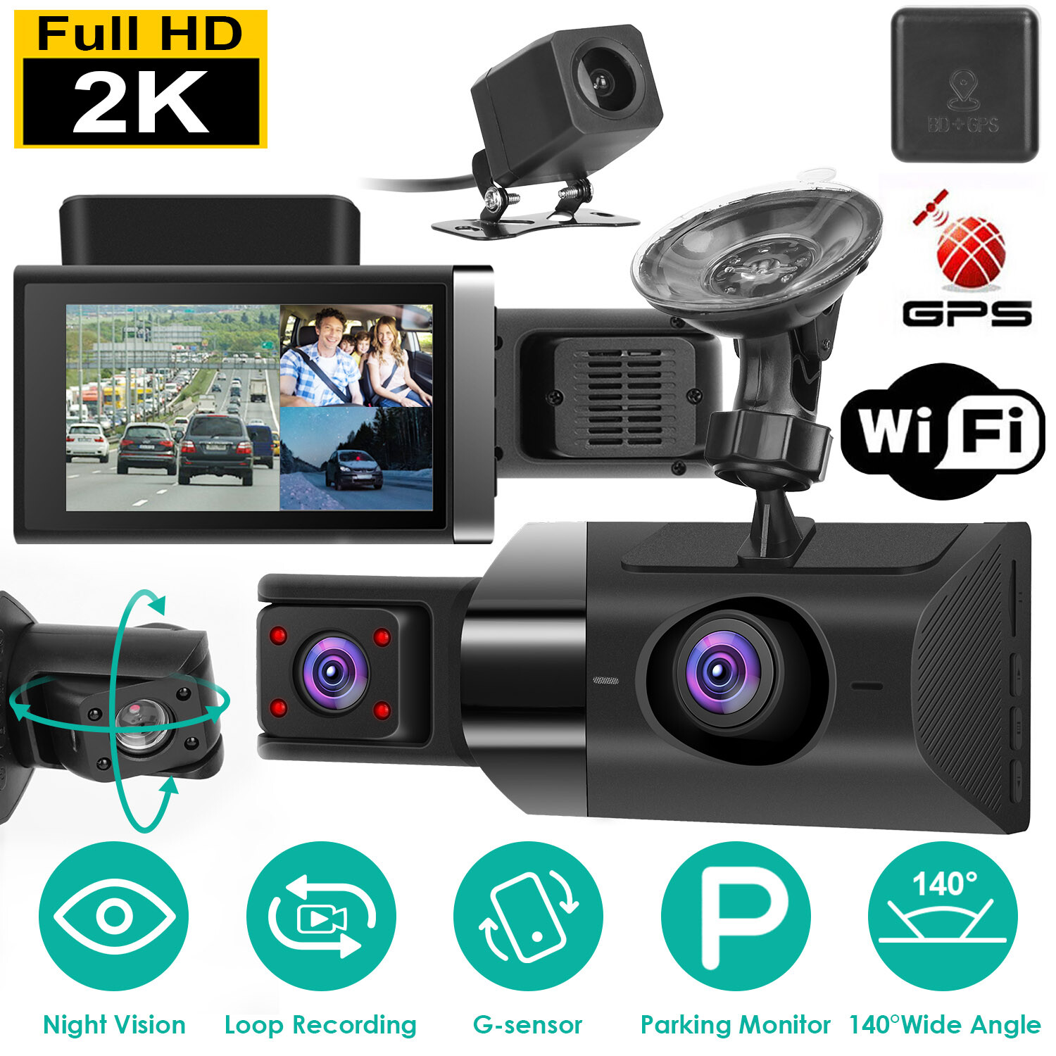 3 Lens Car DVR Dash Cam WIFI 1080P HD Video Recorder G-Sensor Front Rear Camera