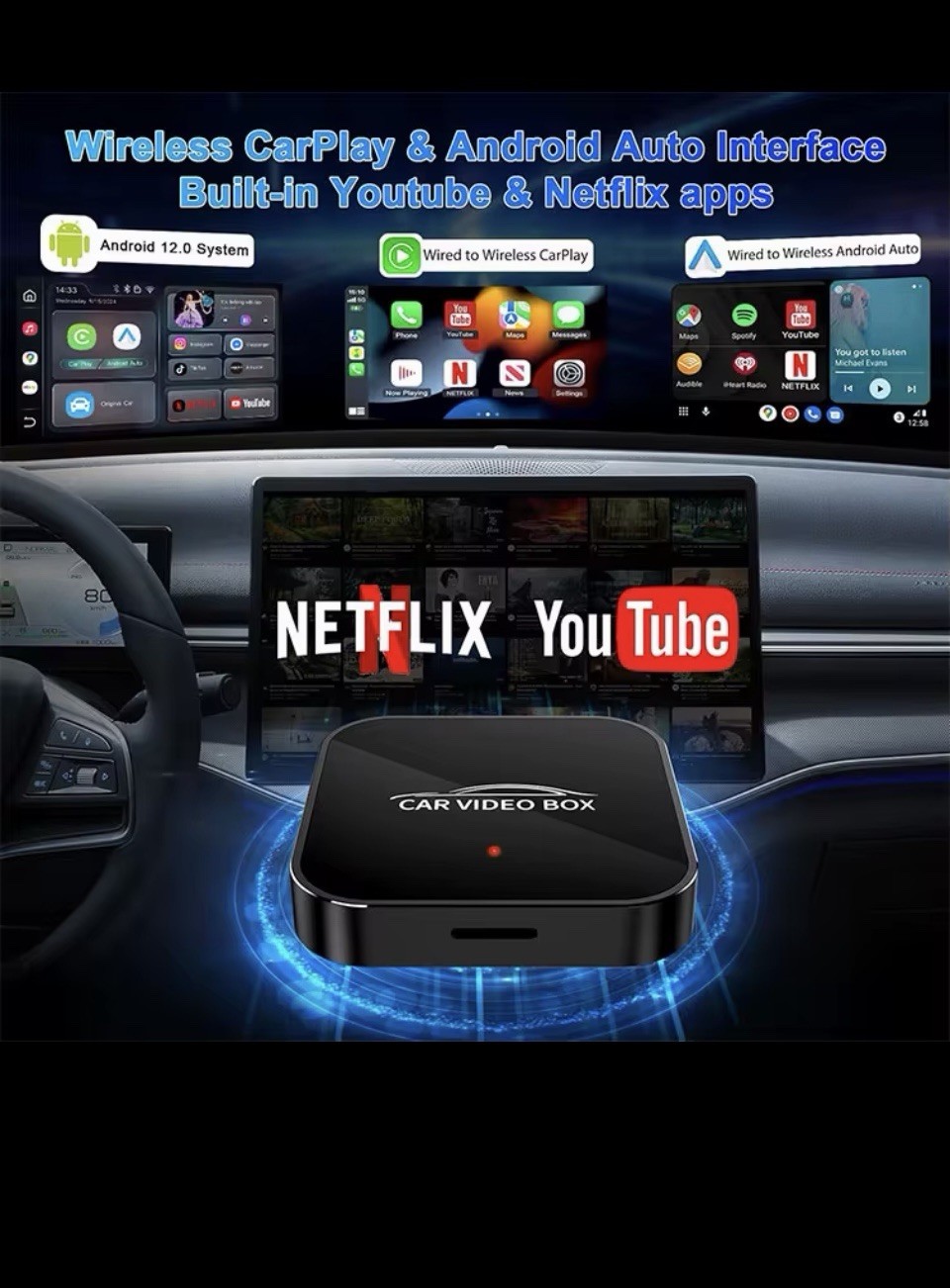 Wireless Car Video Box Android Auto CarPlay Streaming Dual WiFi YouTube Netflix