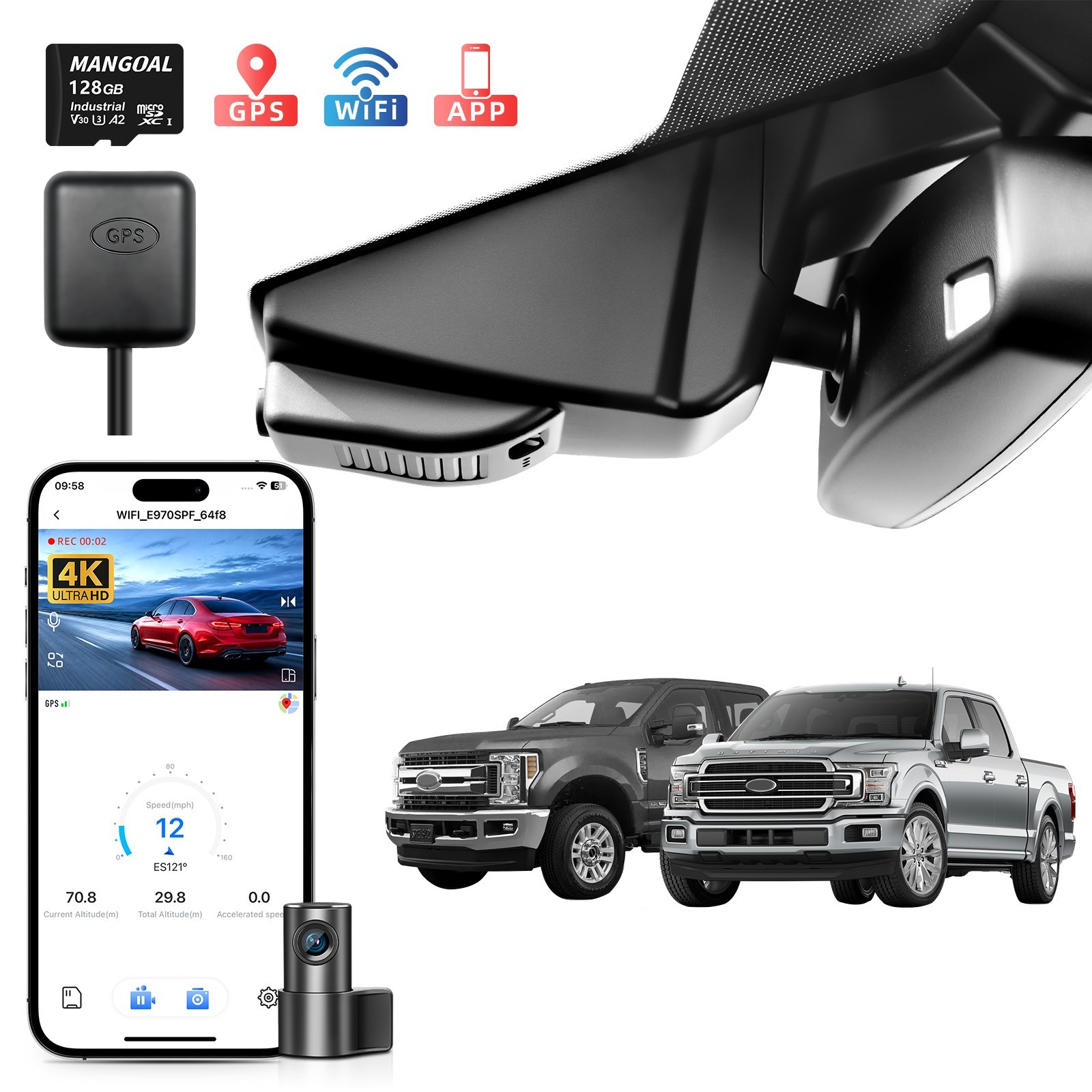 Mangoal 4K+Rear 1080P OEM Dashcam for Ford F150 2015-2020 F250/F350/F450 GPS APP
