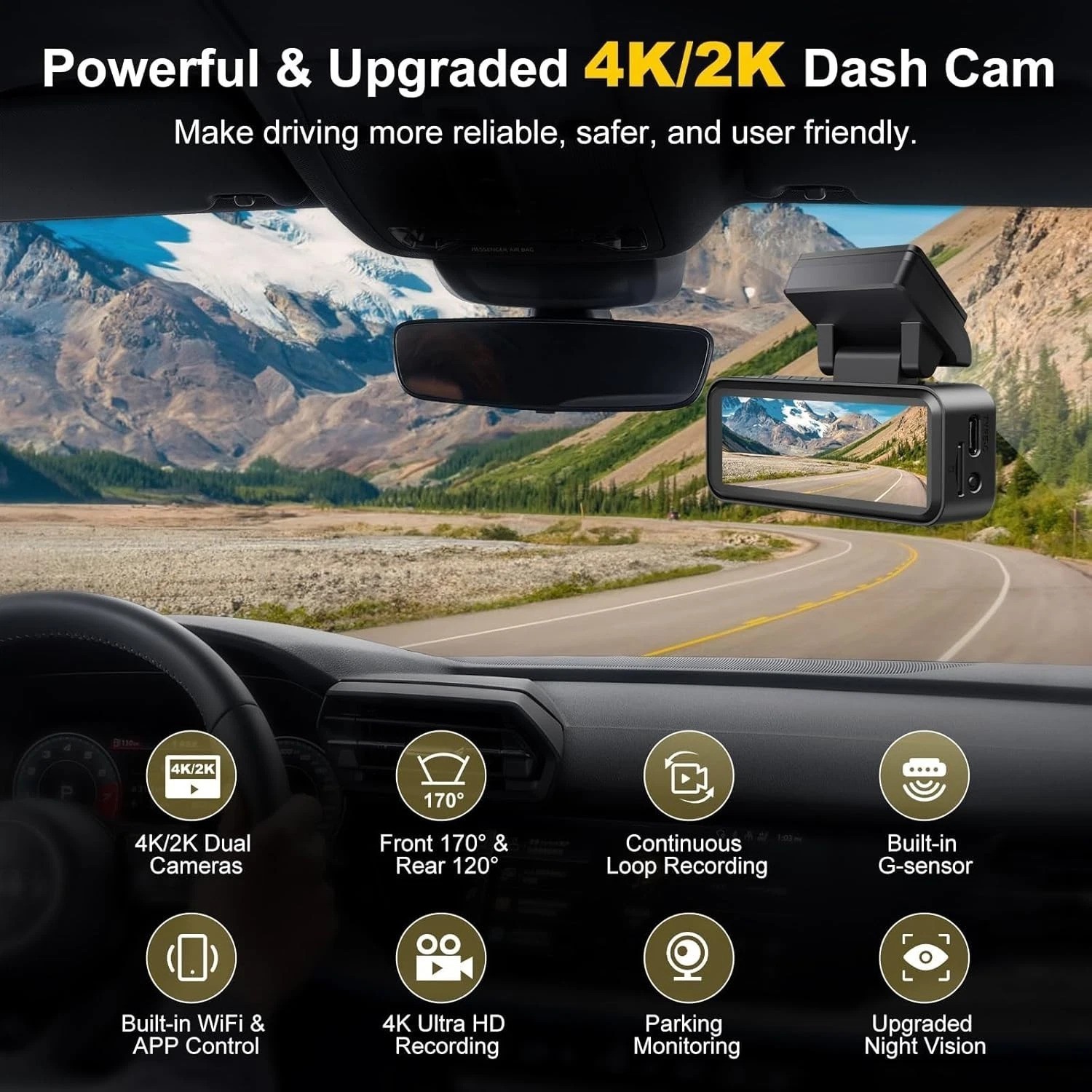 4K+2K Dash Cam Front and Rear, Free 64GB Card Included, 5.8GHz WiFi Dash Came…