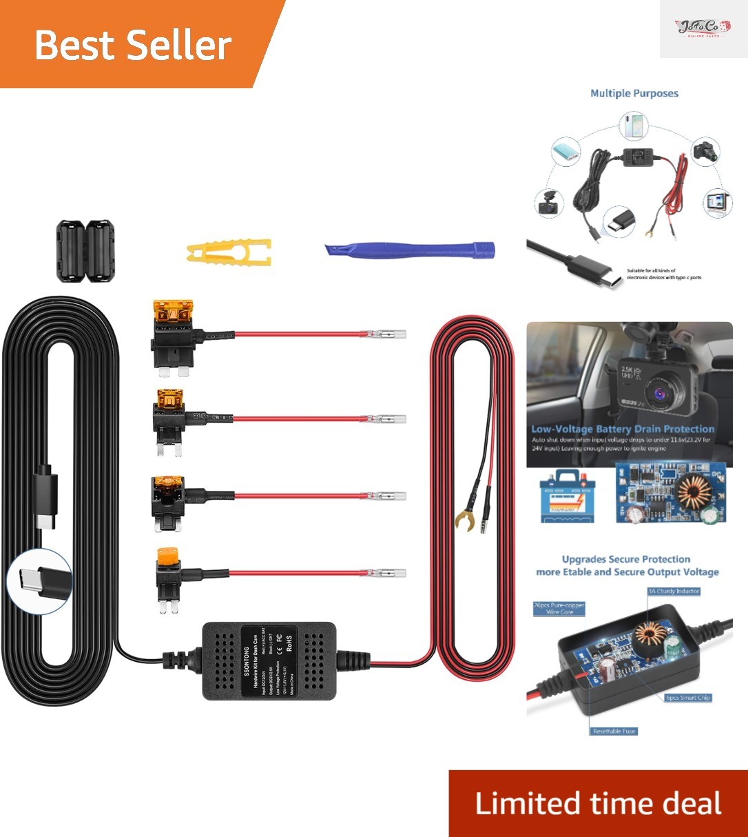 Type-C Hardwire Kit for Dash Cams – 13ft Power Cord with Battery Protection