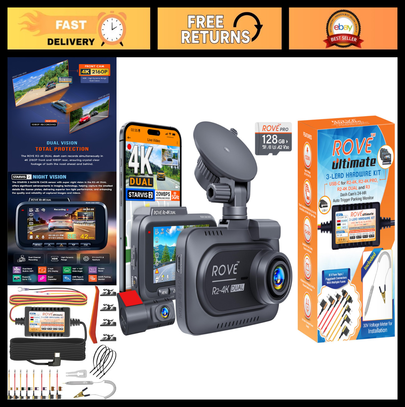 4K Dual Dash Cam Bundle with Hardwire Kit, Front & Rear Camera, Night Vision