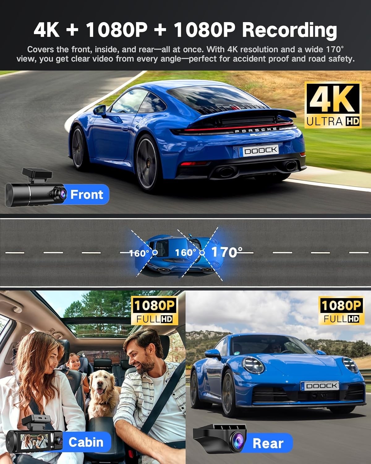 DOOCK 4K Dash Cam Front and Rear Inside with 64GB Card, 3 Channel Dash Camera