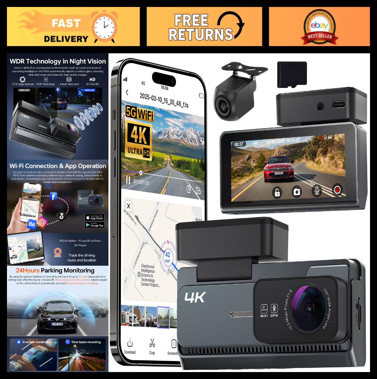 4K Dual Dash Cam Front & Rear, 5G WiFi, GPS, 32GB Card, 3.39″ Screen, G-Sensor