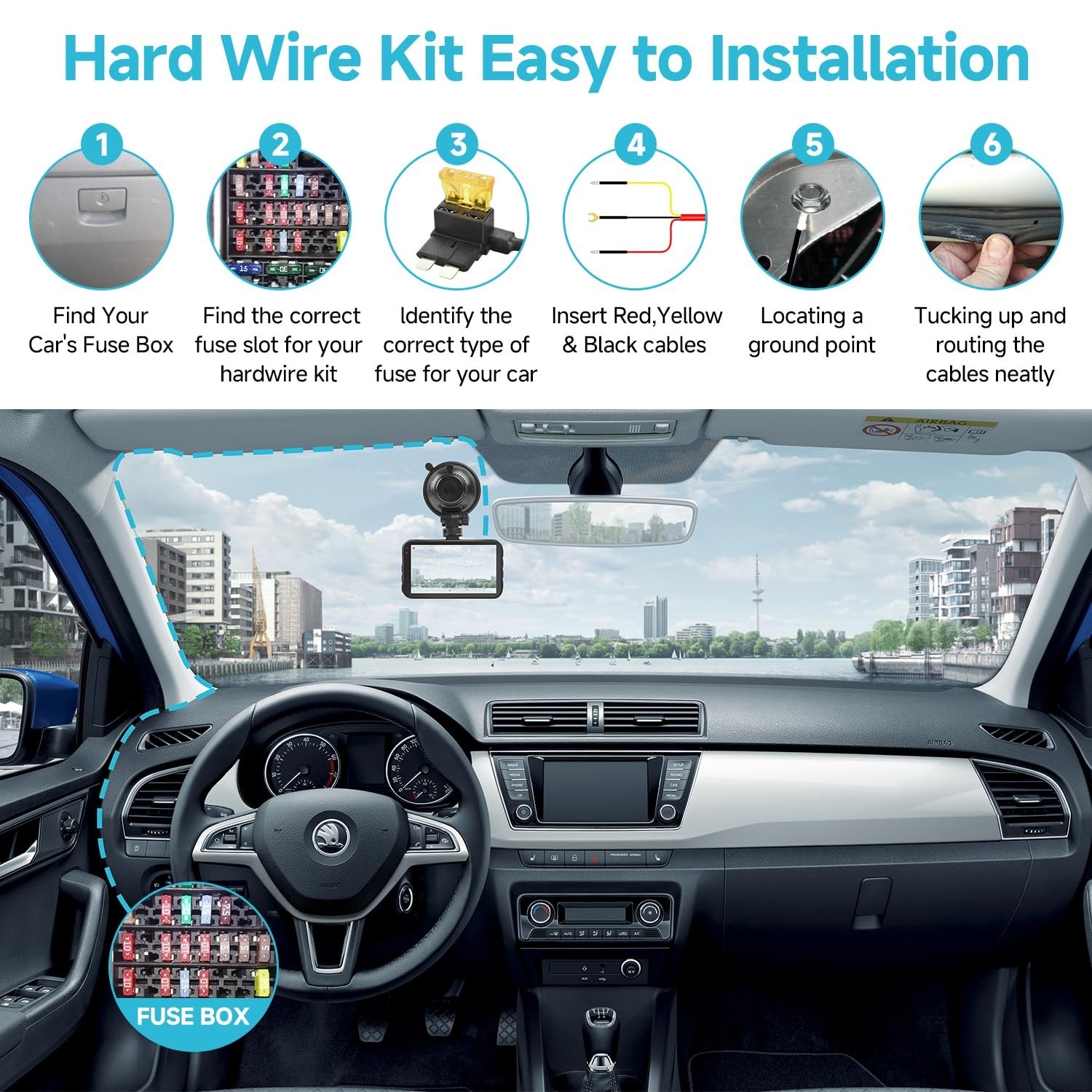 3-Lead Hardwire Kit for Dash Cam | Type-C USB 12V-24V to 5V Charger, 13ft Cord,