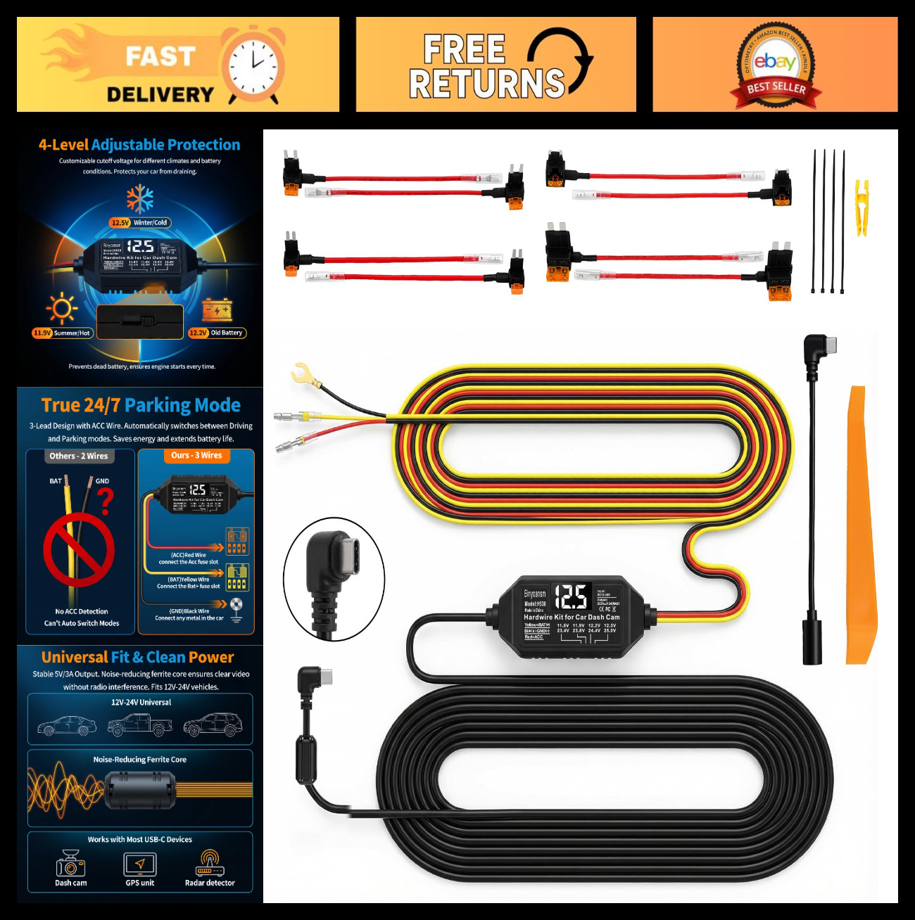 Hardwire Kit for Dash Cam USB C – LED Voltage Display, 4-Level Low Voltage Prote