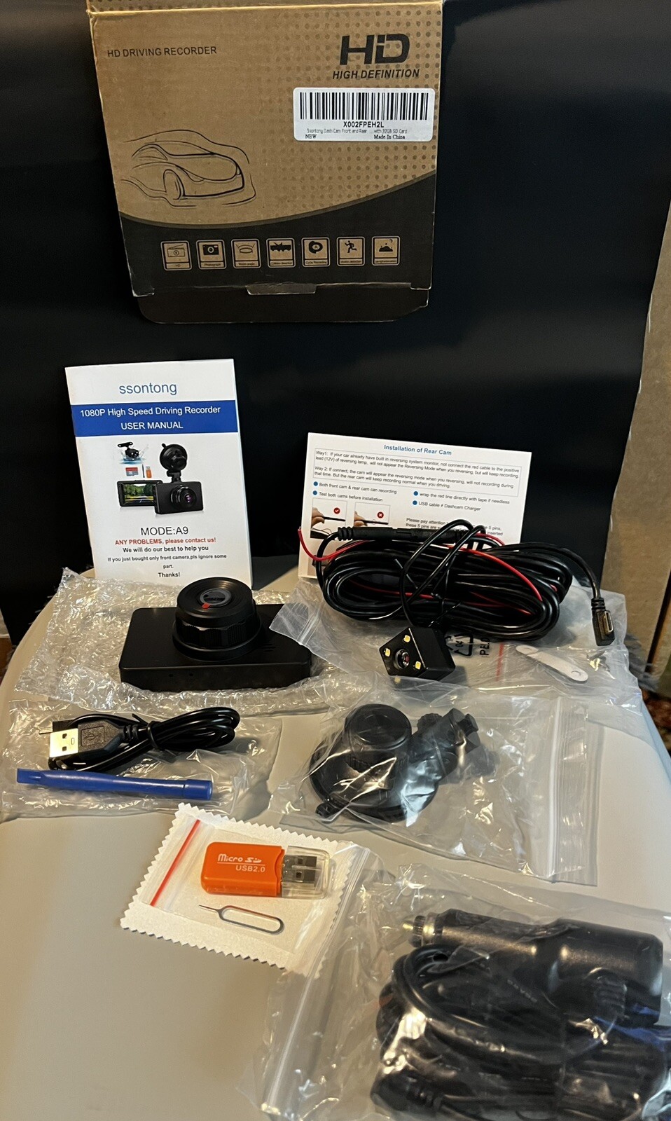 Ssontong Model A9 1080p High Speed Dash Cam Front & Rear W/ 32gb SD Card. NIB