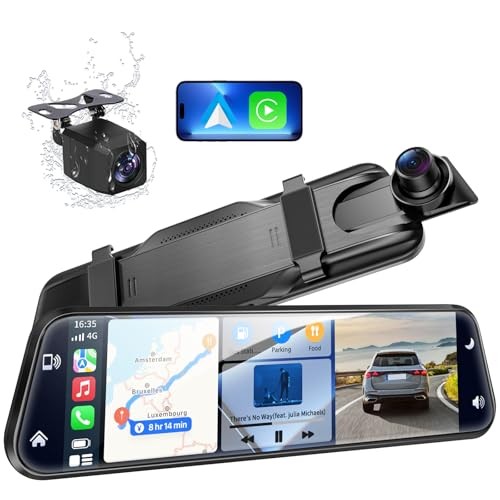 2.5K Mirror Dash Cam with Carplay&Android Auto,10″ Rear View Mirror Camera for