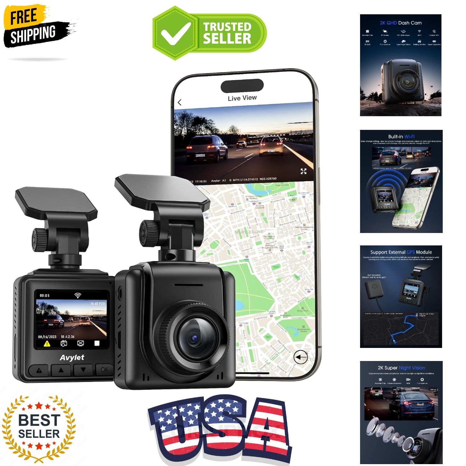 Dash Cam 2K, WiFi Dashcams with APP, External GPS, 1.5” IPS Screen, Front Da…