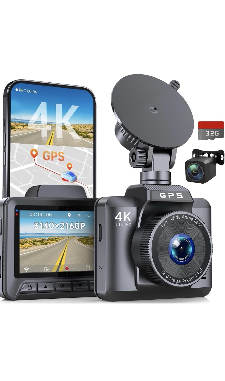 Ecomoment Front And Rear Dash Camera GT802 4K With 32 Gig Memory Card Included
