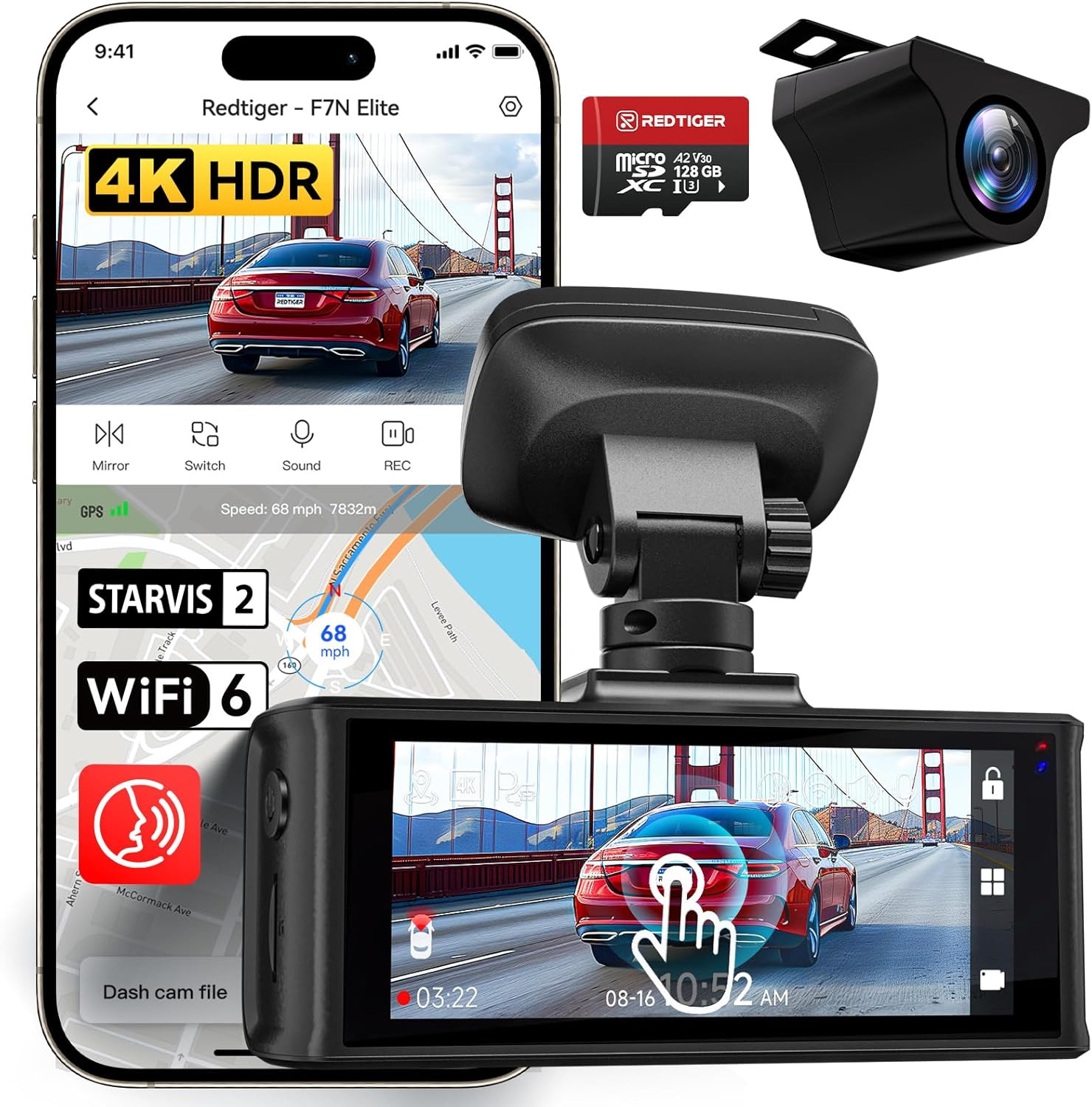 4K HDR Dash Cam Front and Rear, STARVIS 2 Sensor, 5.8Ghz Wifi APP, 3.18″ Touchsc
