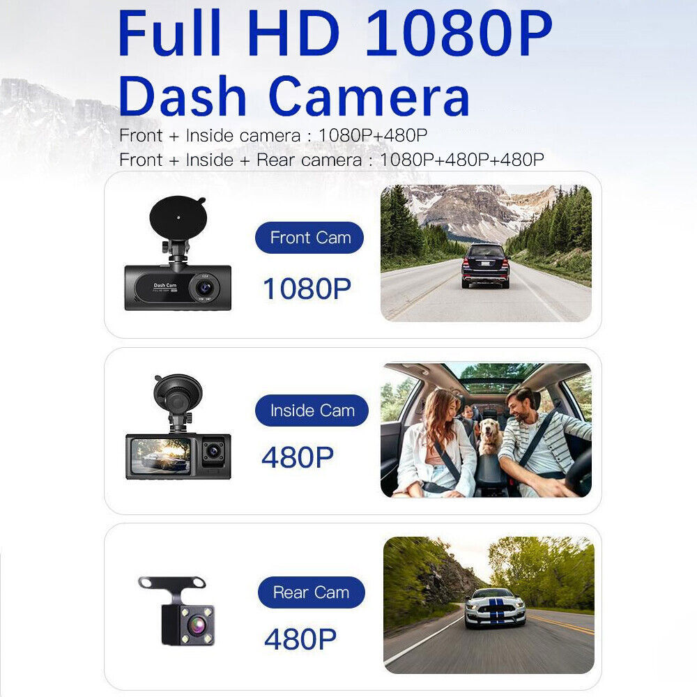 Dash Cam HD 1080p Car Dual Lens Front/Rear/Inside Video Recorder Camera G-sensor