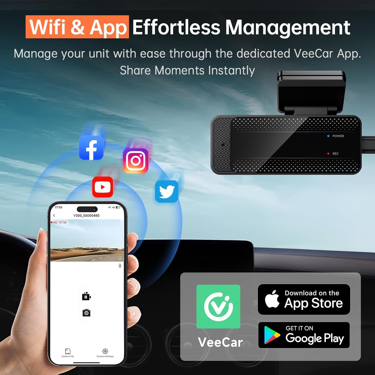 Camara Dash 1296P V300 Wifi Vision Nocturna Grabacion En Bucle 24H Parking