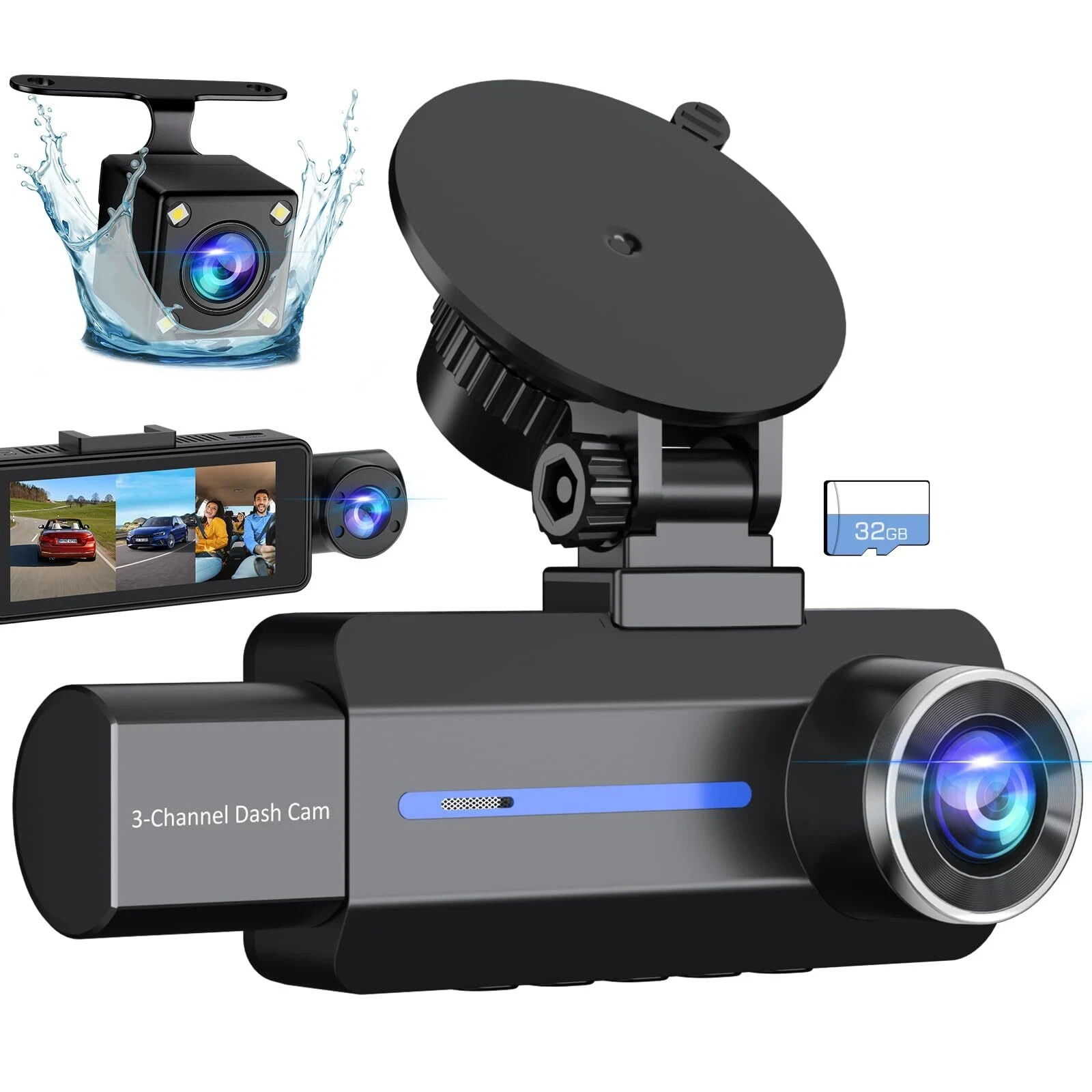 Channel Triple Dash Cam 4K/2.5K+1440P Front/ Rear /inside 32GB G-Sensor L-record