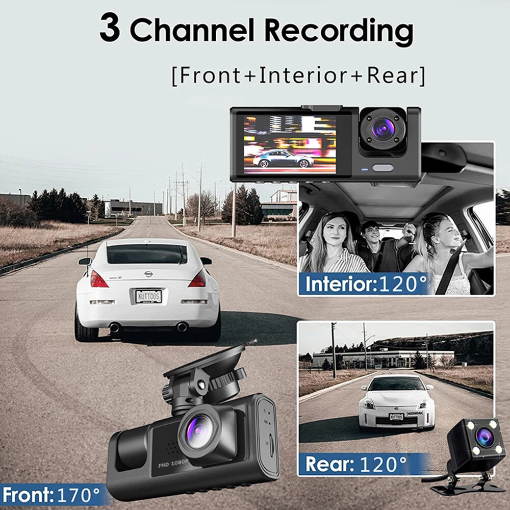 Dash Cam 1080P HD Car Dual Lens Front/Rear/Inside Video Recorder Camera G-sensor