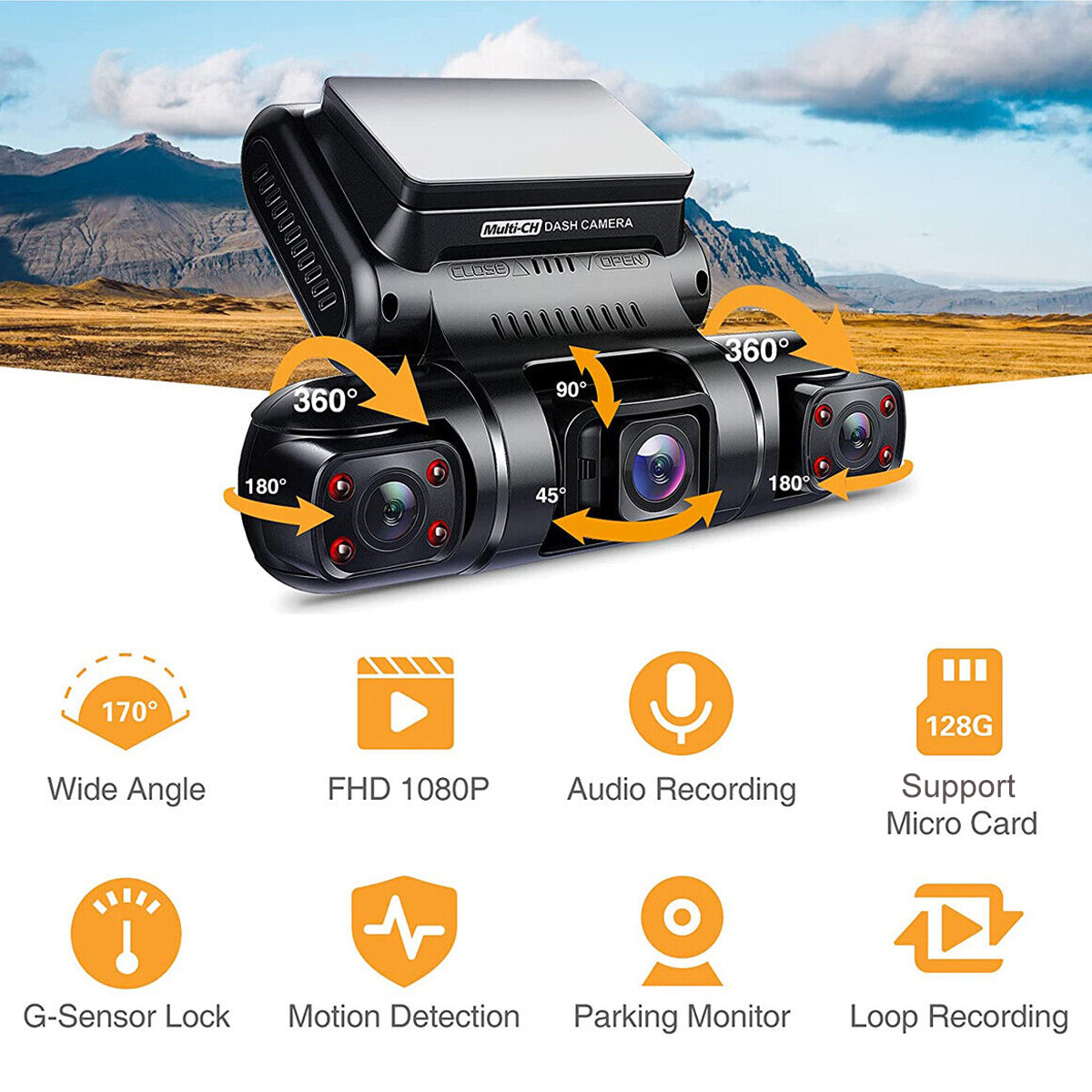 3″ 1080P 3 Lens Touch Screen Dash Cam Car DVR Recorder Front and Rear Cameras