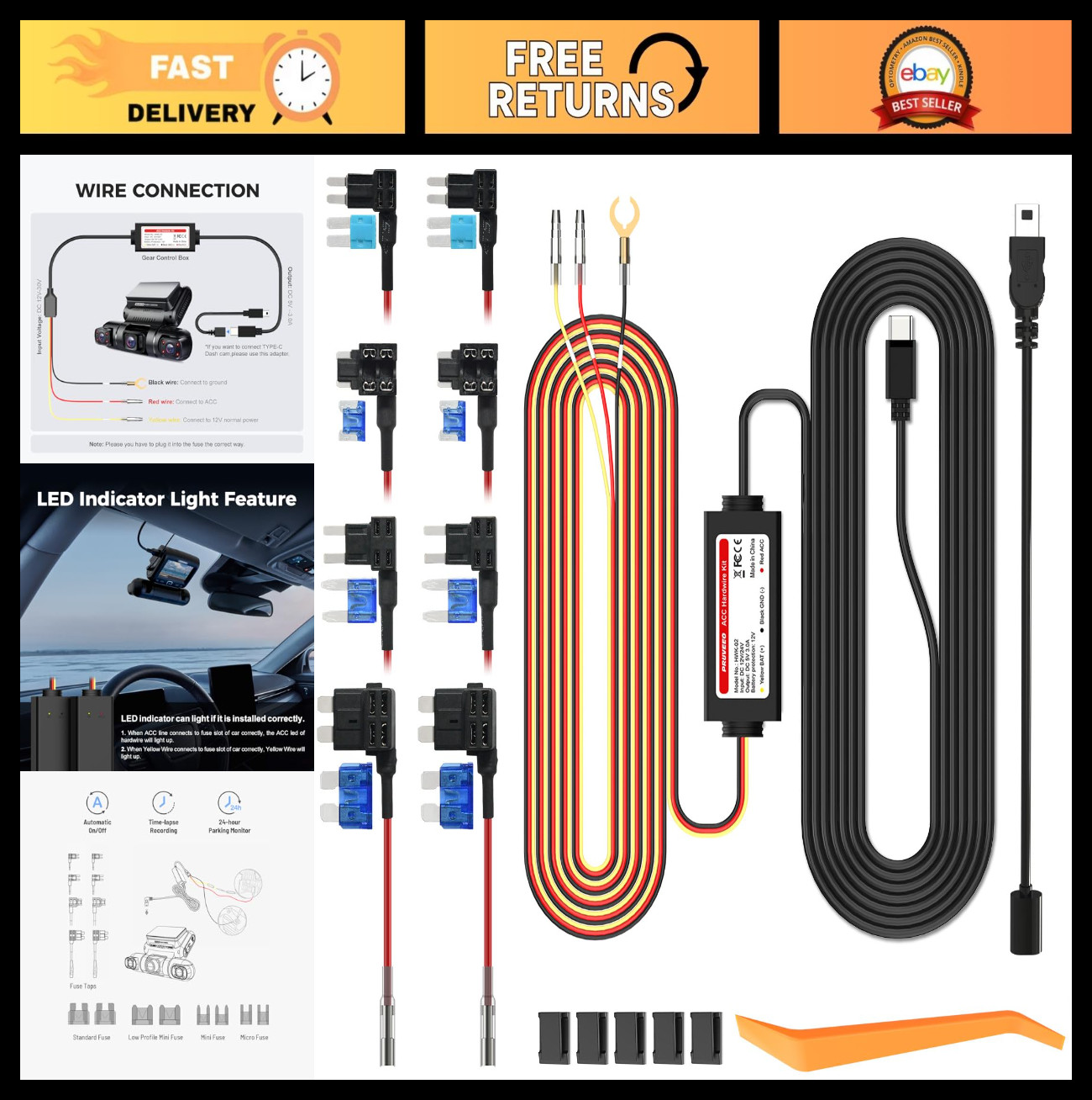 Dash Cam Hardwire Kit for Parking Mode, 12V-30V to 5V/3A, Low Voltage Protection