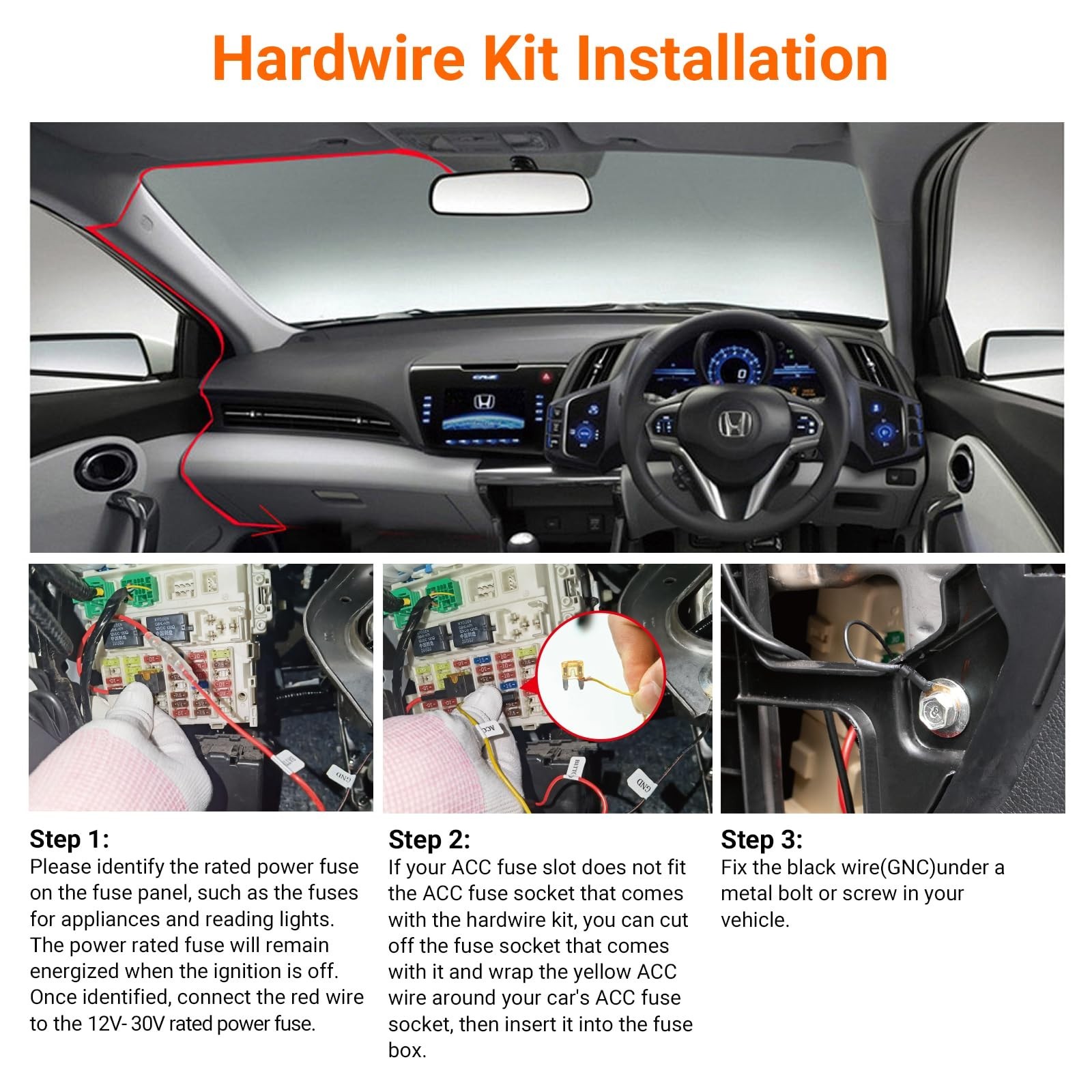 11.5ft USB-C Hardwire Kit for Dashcams, 12V-24V to 5V, Low Voltage Protection, A