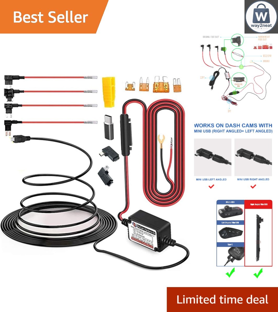 Universal Hardwire Kit for Dash Cams – 15ft Power Cable with Easy Installation