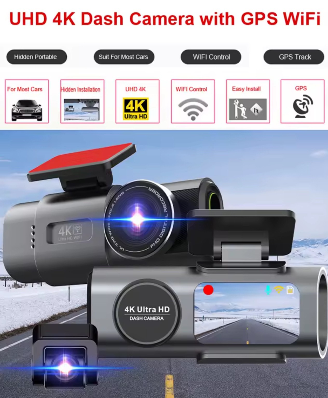 Ultra HD 4K Dual Dash Cam Front Rear WiFi GPS Night Vision Car Recorder System