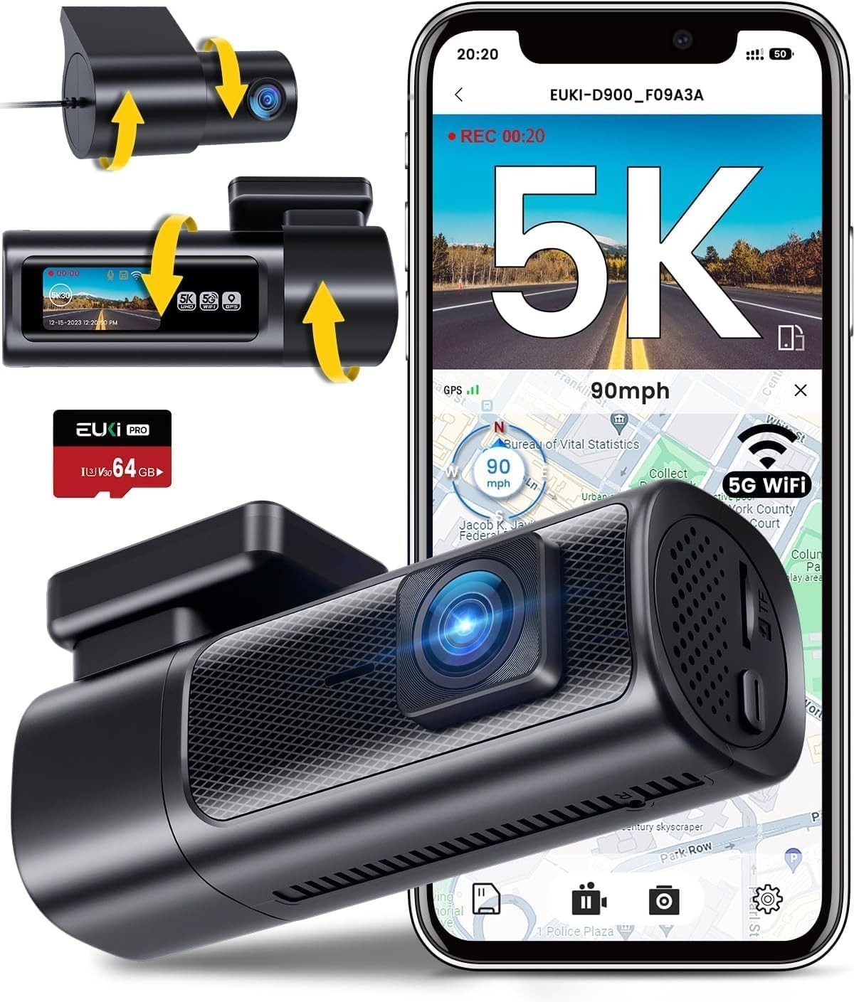 Dash Cam Front and Rear with 5GWiFi GPS, 5K/4K 60fps+2.5K Full HD Dash Camera