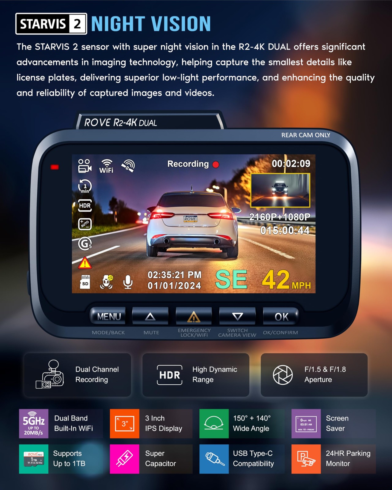 ROVE R2-4K DUAL Dash Cam 4K Front Rear with 128GB Card 5G WiFi Parking Mode