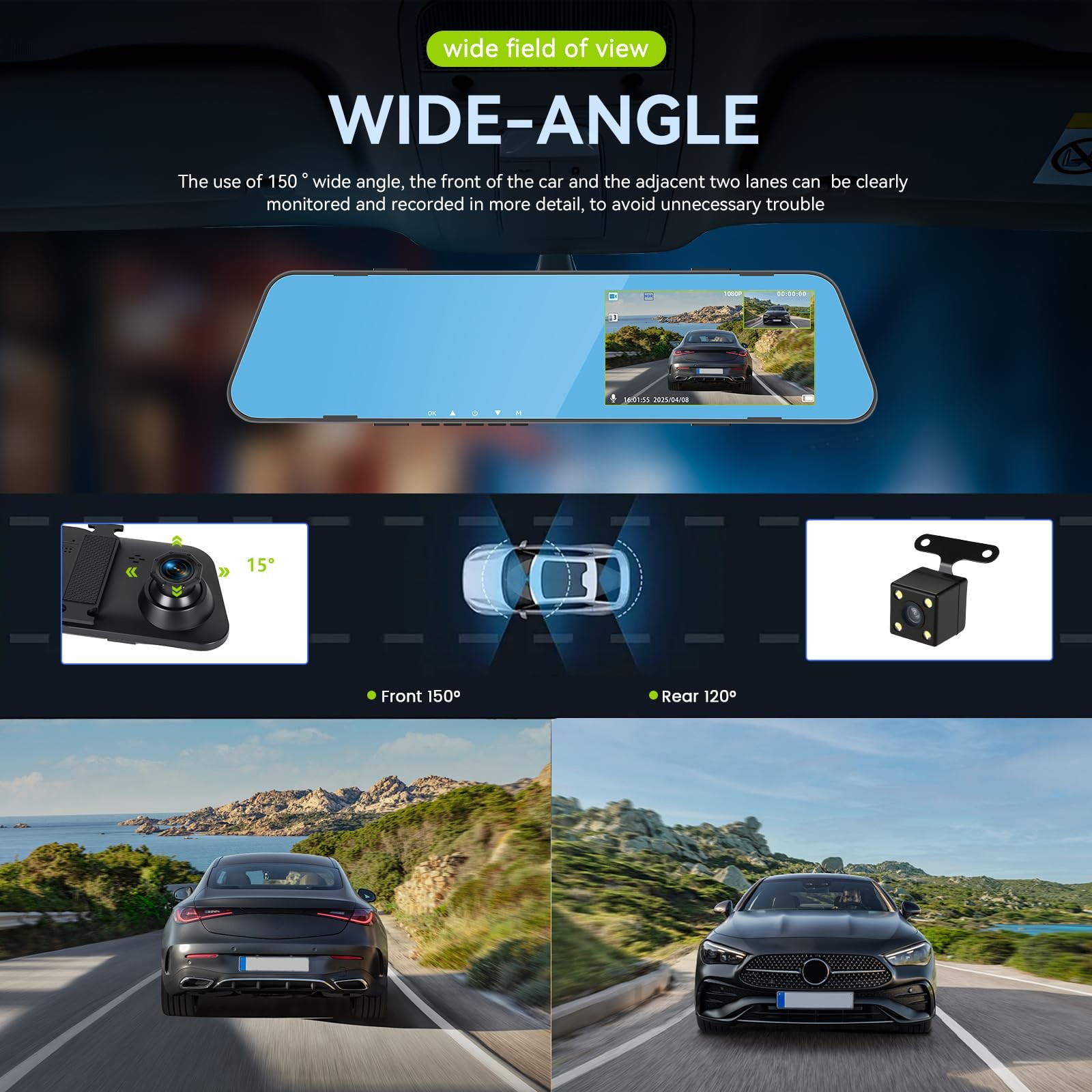 SIXWIN 4.5″ Mirror Dash Cam 1080P Front Rear Dual Lens 150° Angle G-Sensor for