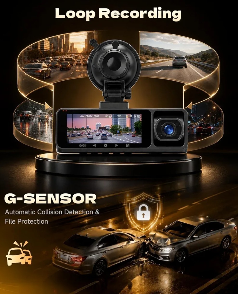 Rimoody 3-Channel 4K Dash Cam – Front/Rear/Interior Cameras, 5.8GHz WiFi, 64GB