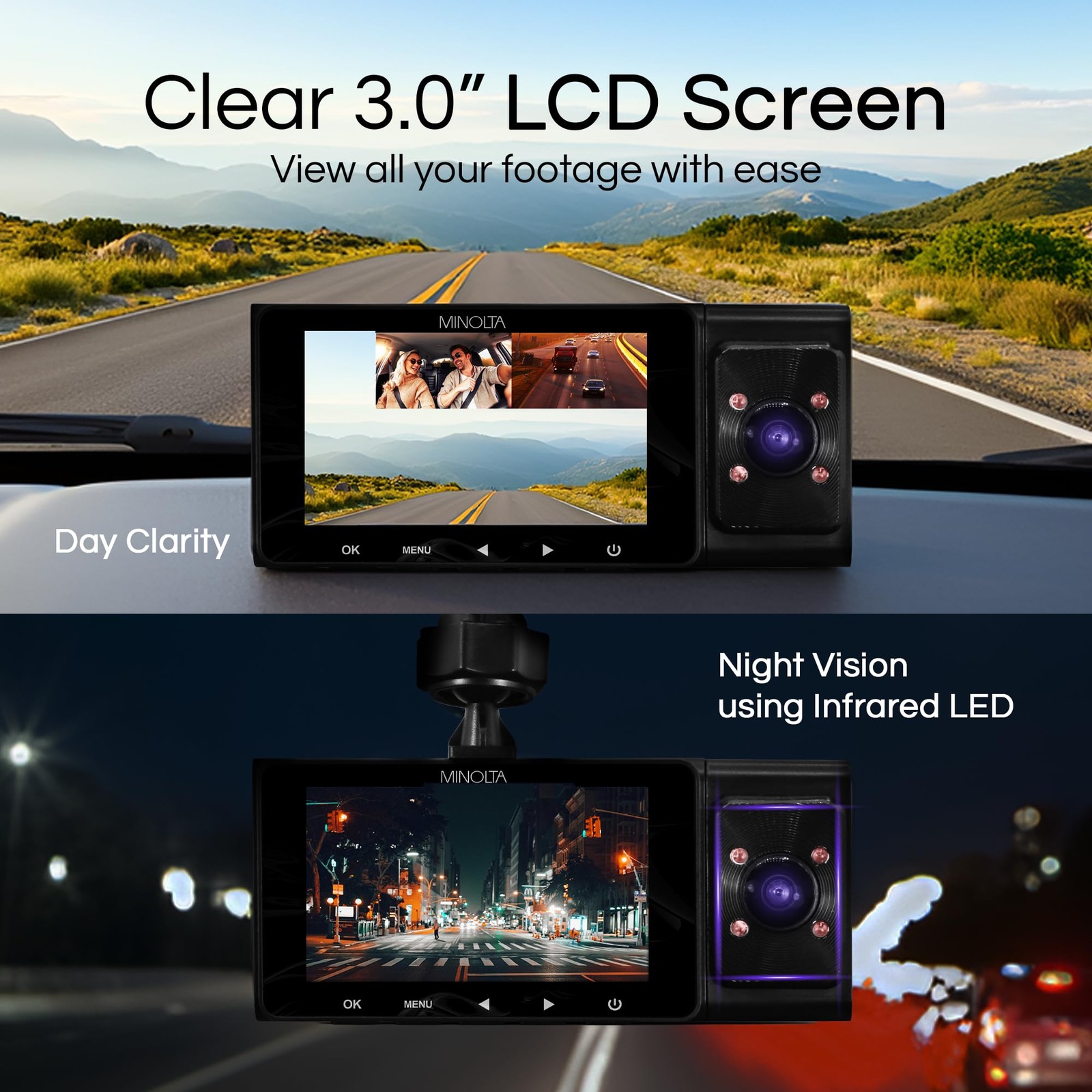 Minolta Dash Camera – 3-Channel 1080P Car DVR with Rear & Interior Cam (Blue)